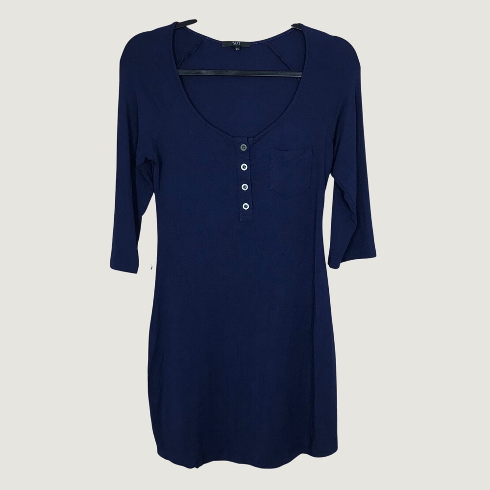 Tart T-Shirt Dress Womens XS Blue Henley Neck Knit Tab Sleeve Pocket Pullover